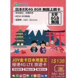 JOYTEL 日本 8天 4G 8GB 數據卡