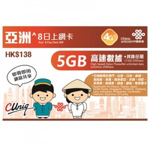 中國聯通 亞洲 8天 5GB 數據卡